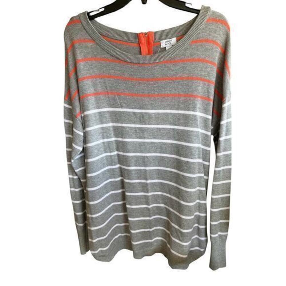 CROWN & IVY gray white coral Beachy coastal strip 1/4 back zip rounded him sz L